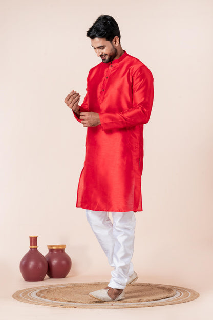 Zavaya Men Red Solid Banarasi Silk Kurta Churidar Set