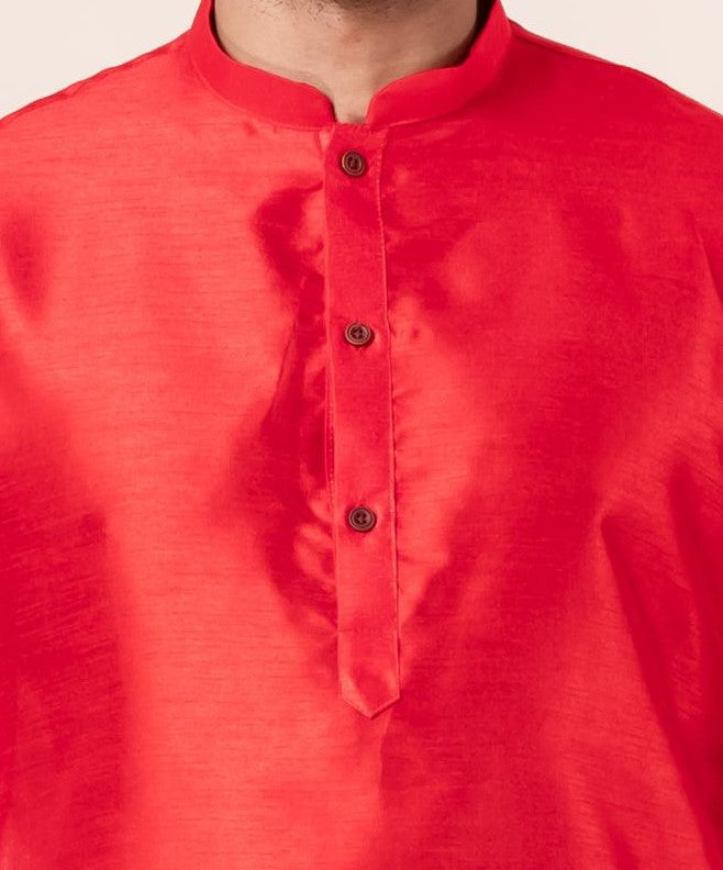 Zavaya Men Red Solid Banarasi Silk Kurta Churidar Set