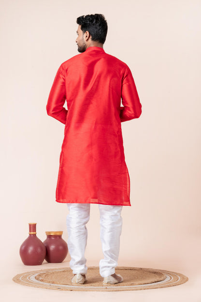 Zavaya Men Red Solid Banarasi Silk Kurta Churidar Set