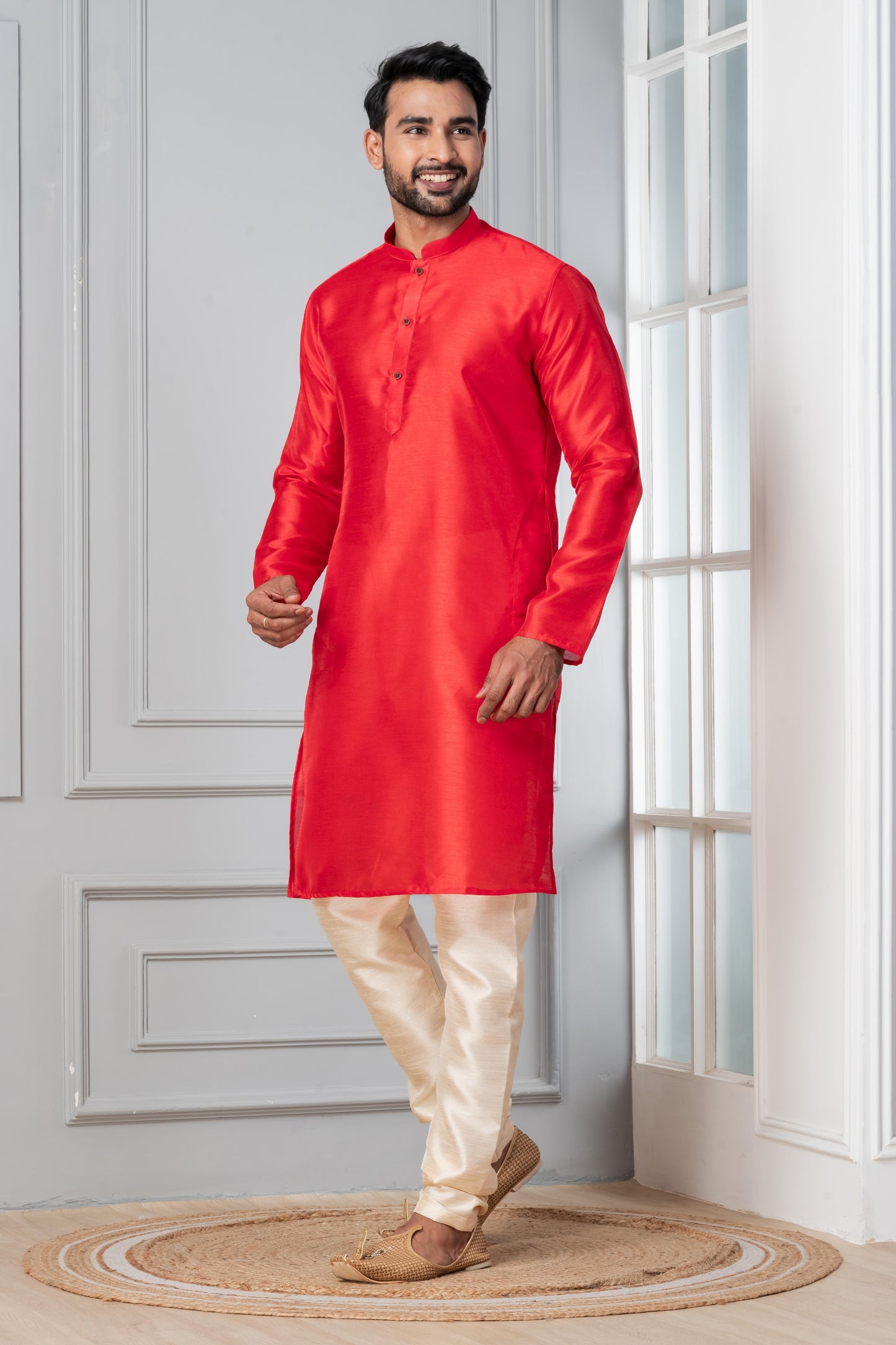 Zavaya Men Red Solid Banarasi Silk Kurta Churidar Set
