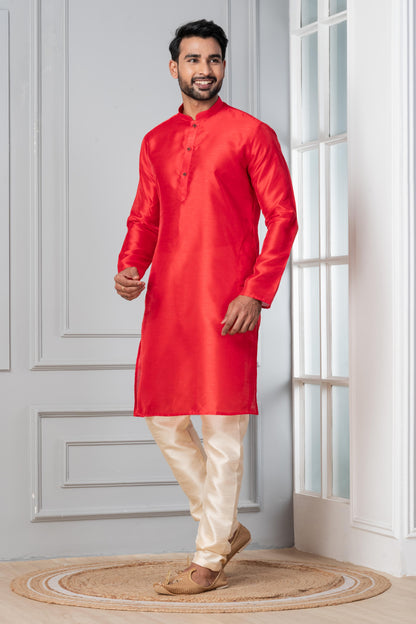 Zavaya Men Red Solid Banarasi Silk Kurta Churidar Set