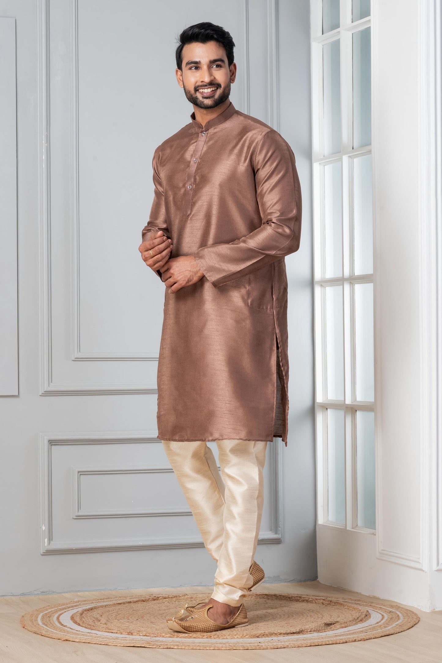 Zavaya Men Brown Solid Banarasi Silk Kurta Churidar Set