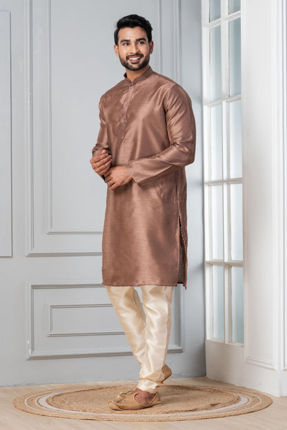 Zavaya Men Brown Solid Banarasi Silk Kurta Churidar Set