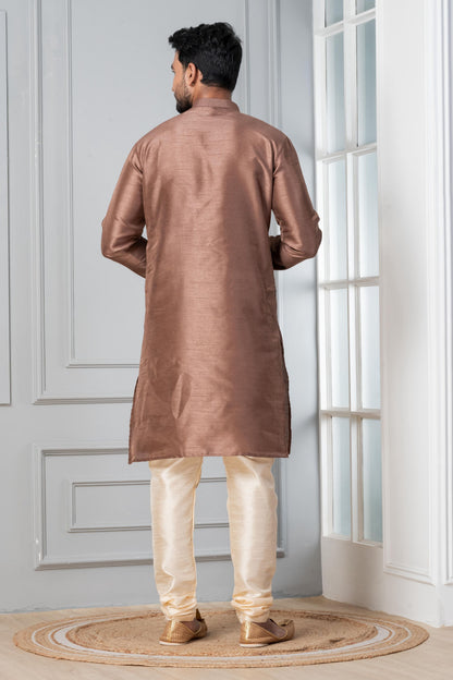 Zavaya Men Brown Solid Banarasi Silk Kurta Churidar Set