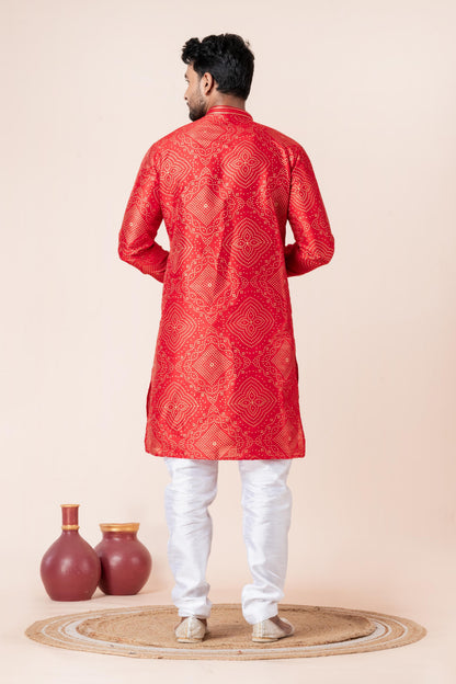 Zavaya Men Red Printed Banarasi Silk Kurta Churidar Set
