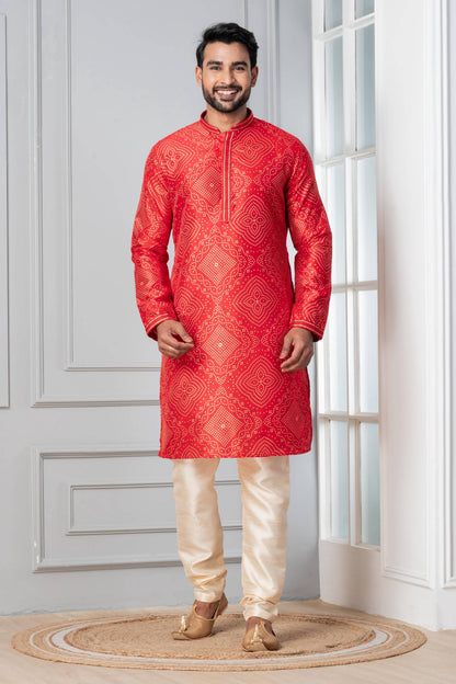 Zavaya Men Red Printed Banarasi Silk Kurta Churidar Set