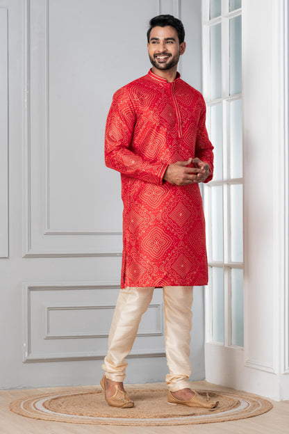 Zavaya Men Red Printed Banarasi Silk Kurta Churidar Set
