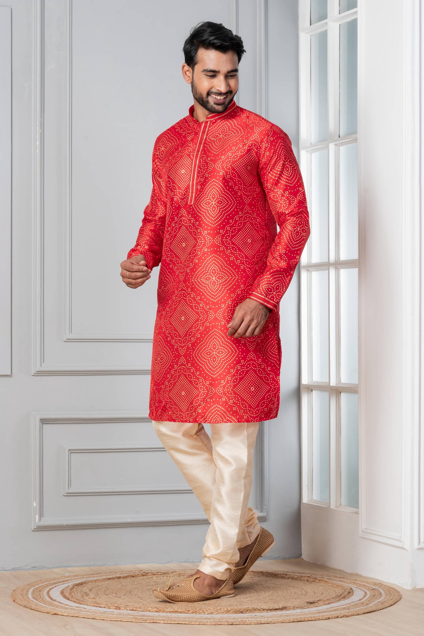 Zavaya Men Red Printed Banarasi Silk Kurta Churidar Set