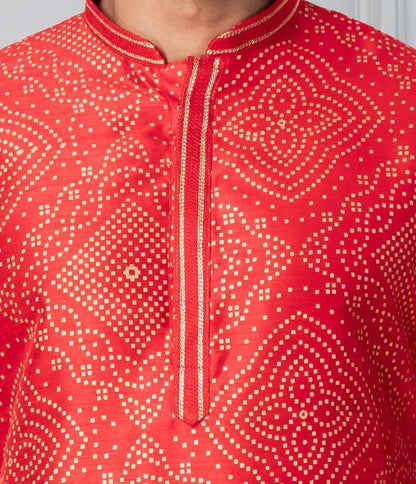 Zavaya Men Red Printed Banarasi Silk Kurta Churidar Set