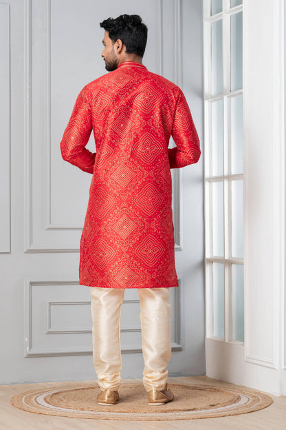 Zavaya Men Red Printed Banarasi Silk Kurta Churidar Set