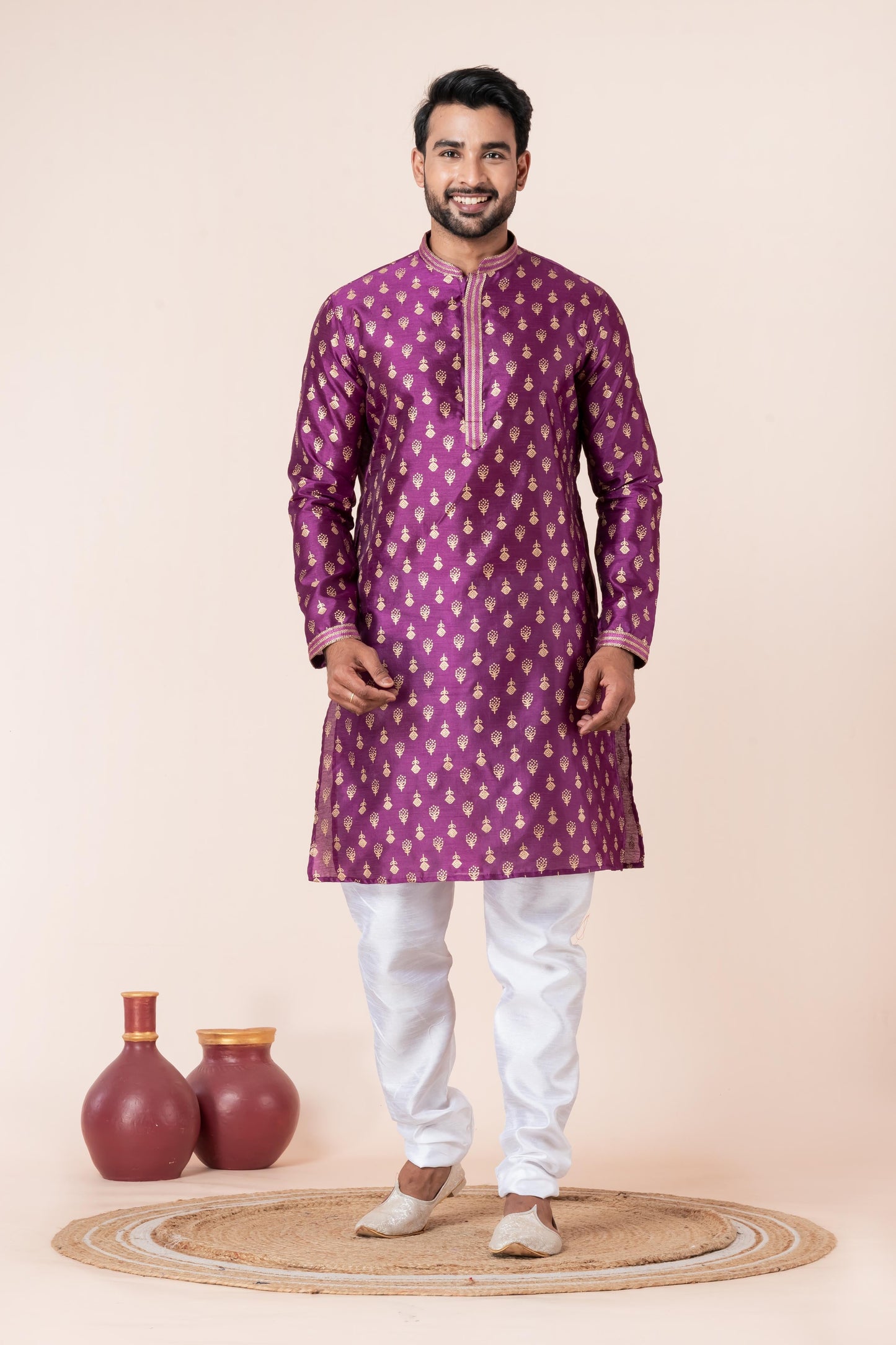Zavaya Men Purple Printed Banarasi Silk Kurta Churidar Set
