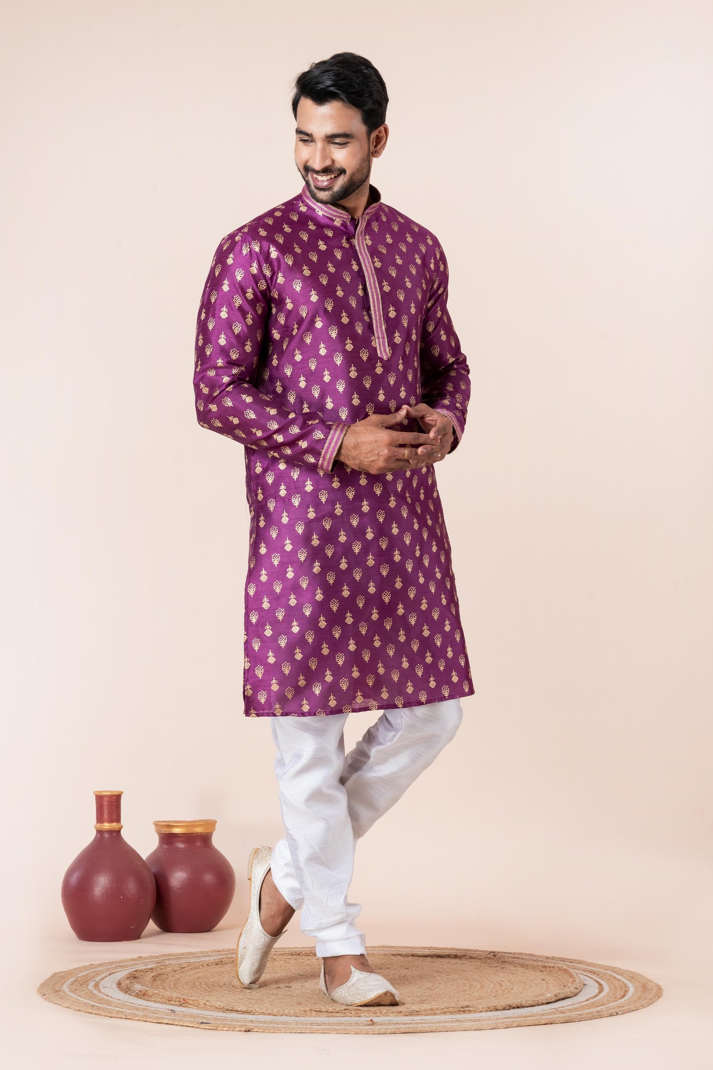 Zavaya Men Purple Printed Banarasi Silk Kurta Churidar Set