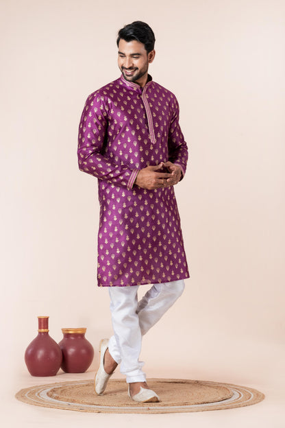Zavaya Men Purple Printed Banarasi Silk Kurta Churidar Set