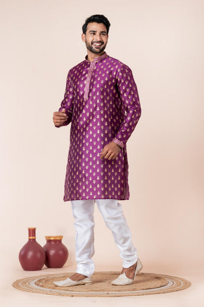 Zavaya Men Purple Printed Banarasi Silk Kurta Churidar Set