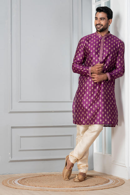 Zavaya Men Purple Printed Banarasi Silk Kurta Churidar Set
