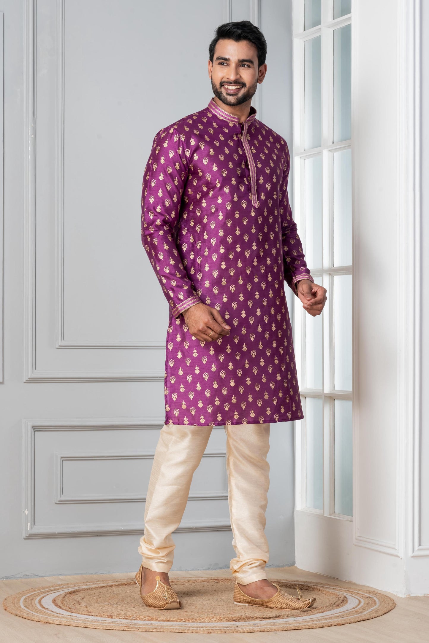 Zavaya Men Purple Printed Banarasi Silk Kurta Churidar Set