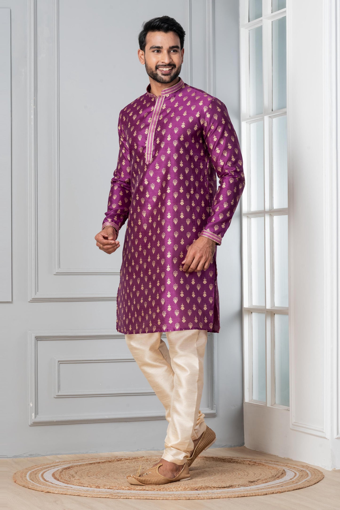 Zavaya Men Purple Printed Banarasi Silk Kurta Churidar Set