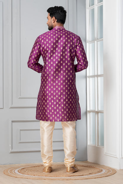 Zavaya Men Purple Printed Banarasi Silk Kurta Churidar Set