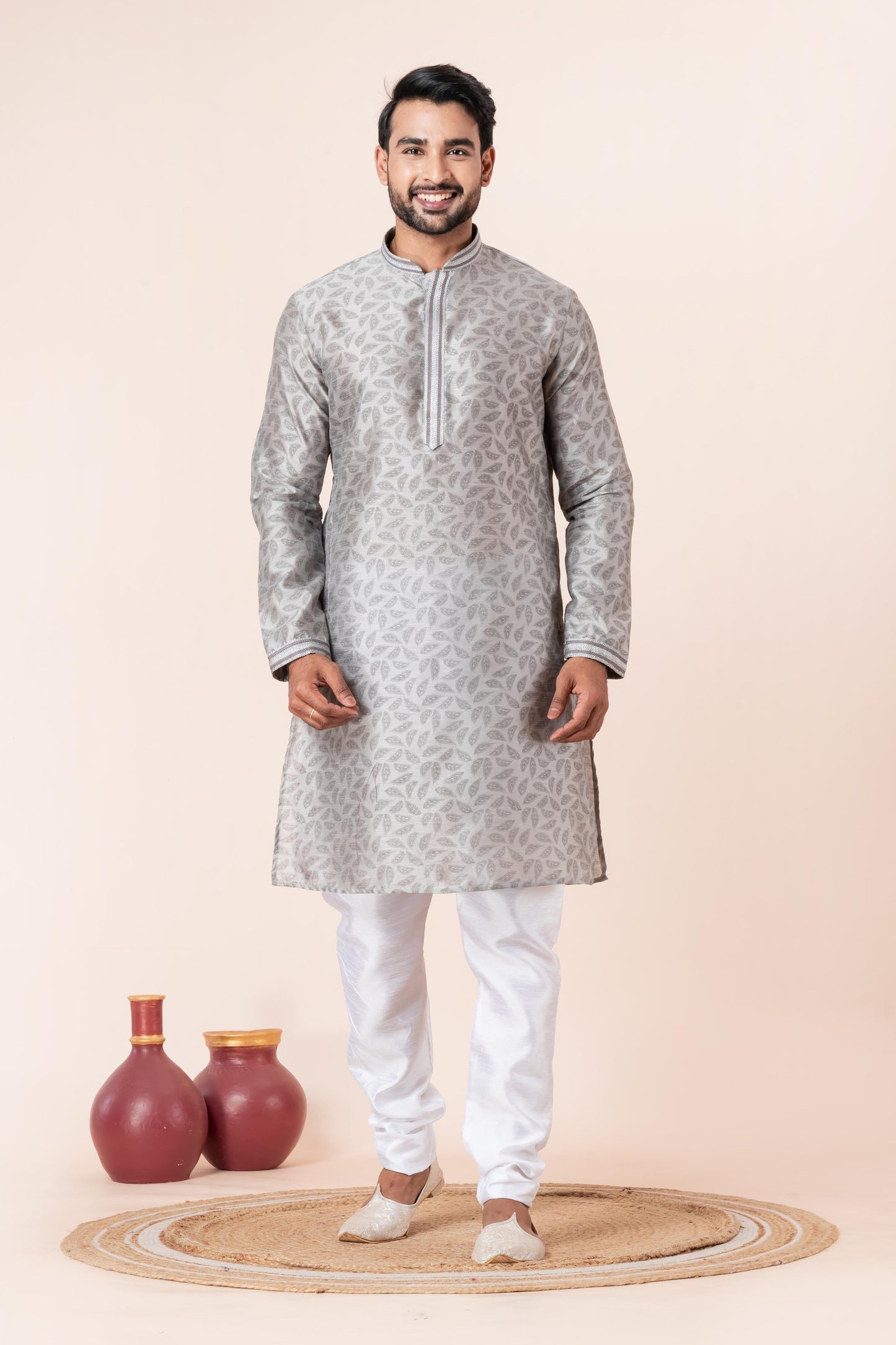 Zavaya Men Grey Printed Banarasi Silk Kurta Churidar Set