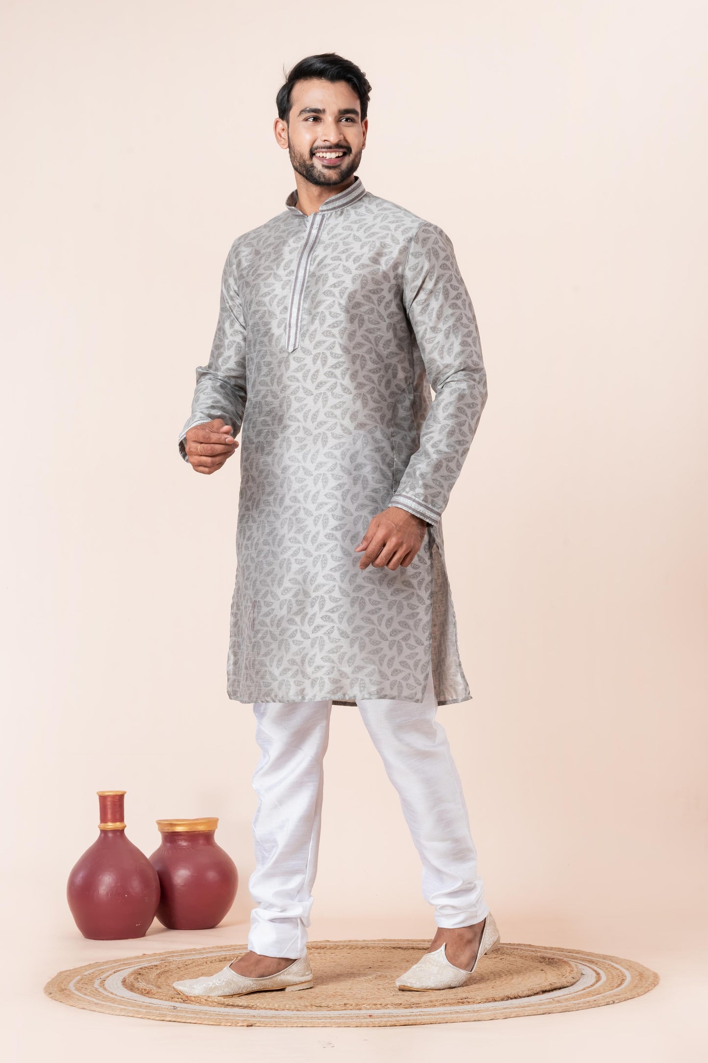 Zavaya Men Grey Printed Banarasi Silk Kurta Churidar Set