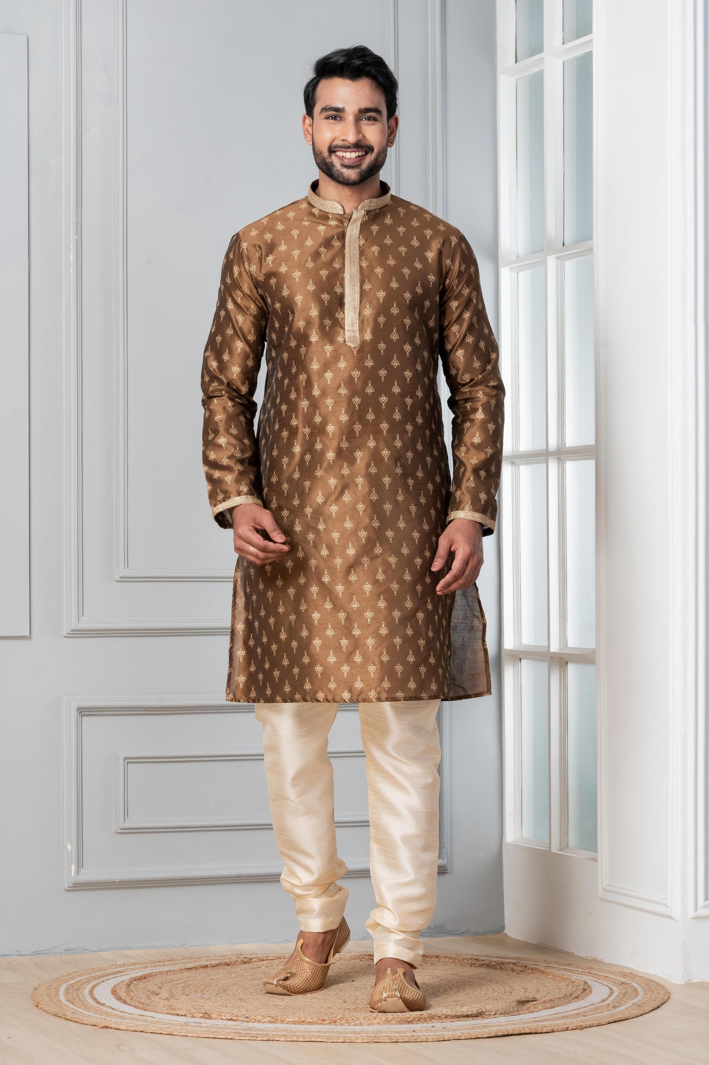 Zavaya Men Brown Printed Banarasi Silk Kurta