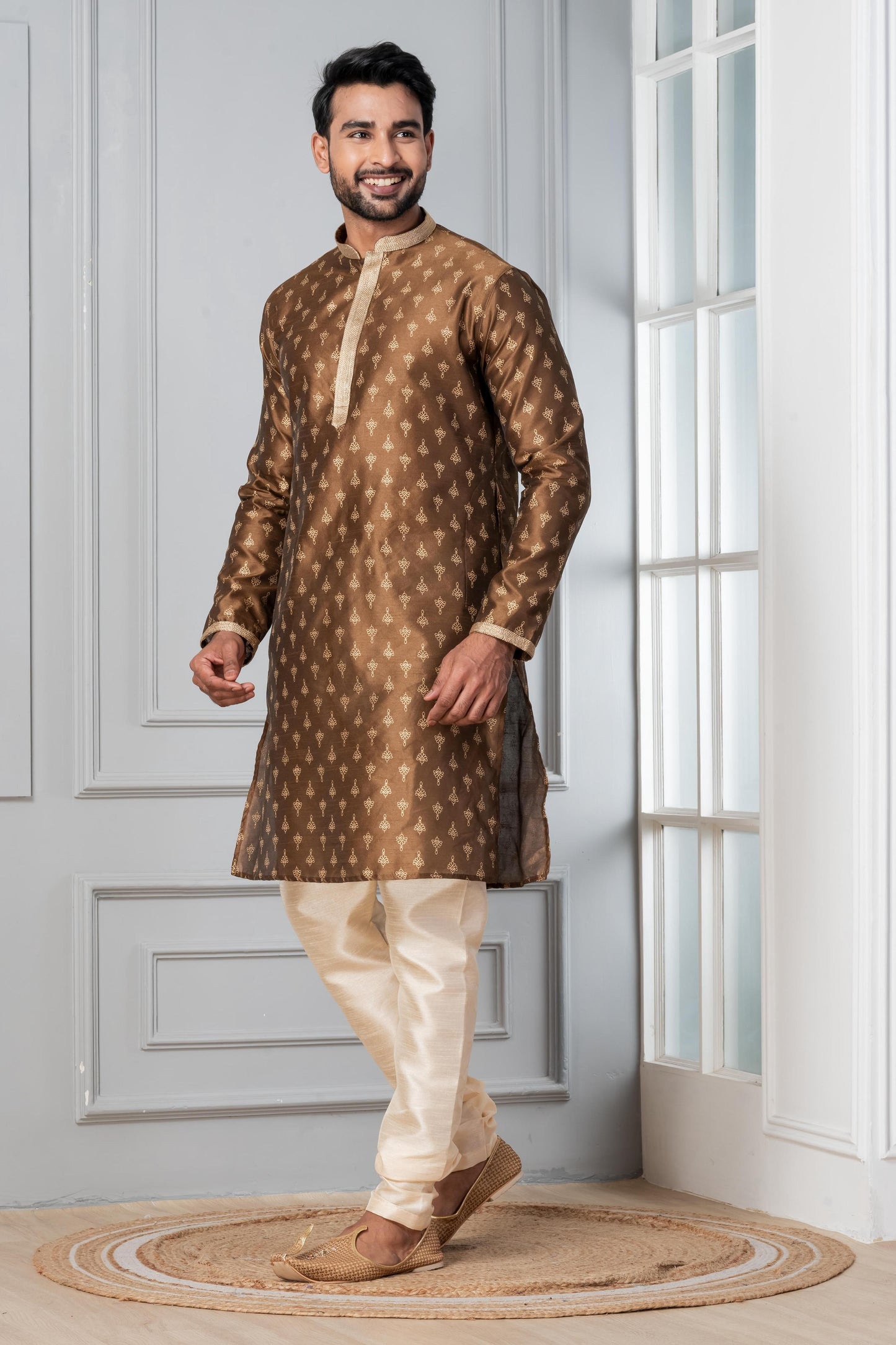 Zavaya Men Brown Printed Banarasi Silk Kurta