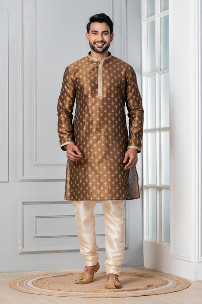 Zavaya Men Brown Printed Banarasi Silk Kurta Churidar Set