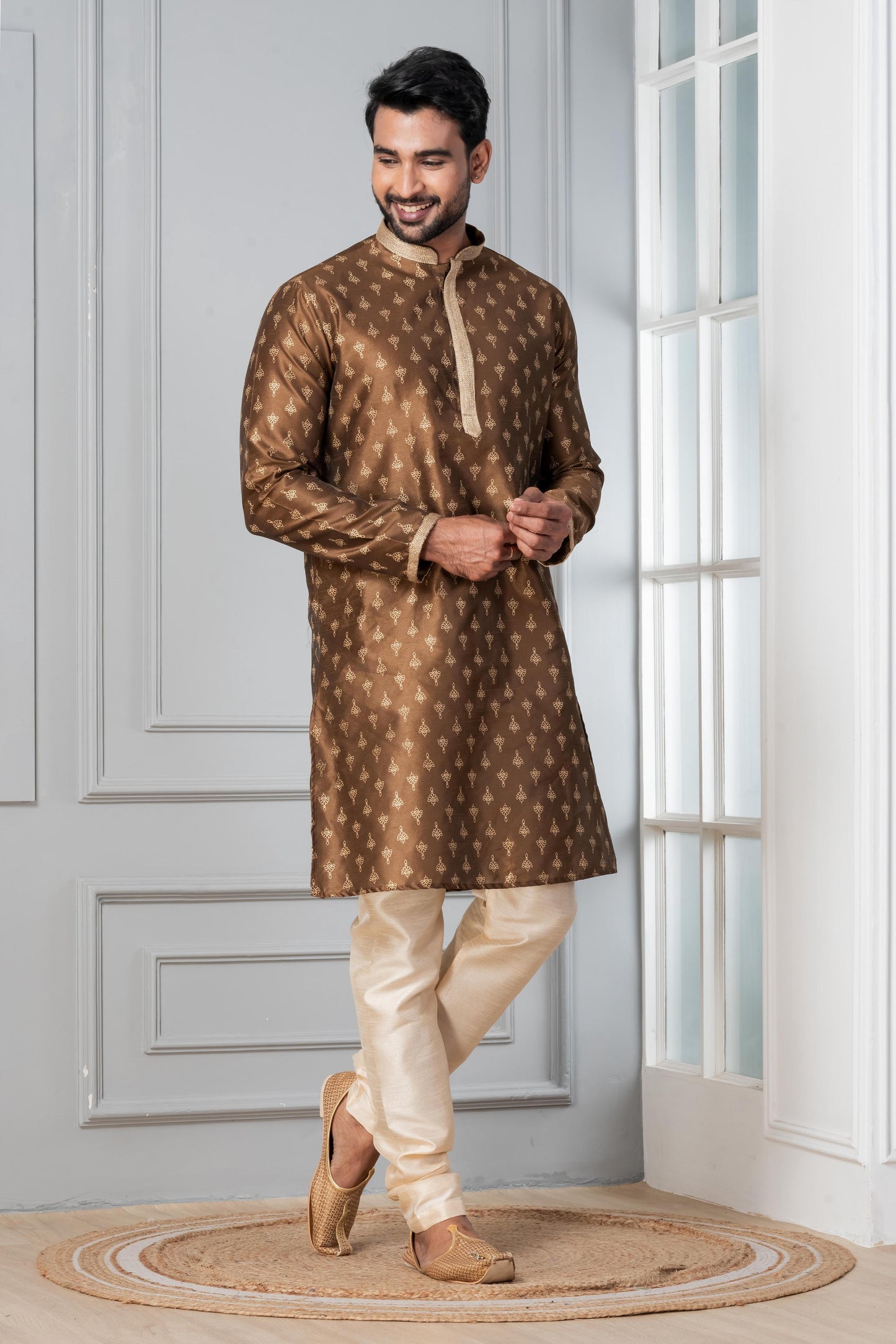 Zavaya Men Brown Printed Banarasi Silk Kurta Churidar Set