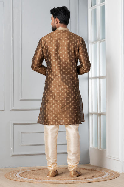 Zavaya Men Brown Printed Banarasi Silk Kurta Churidar Set