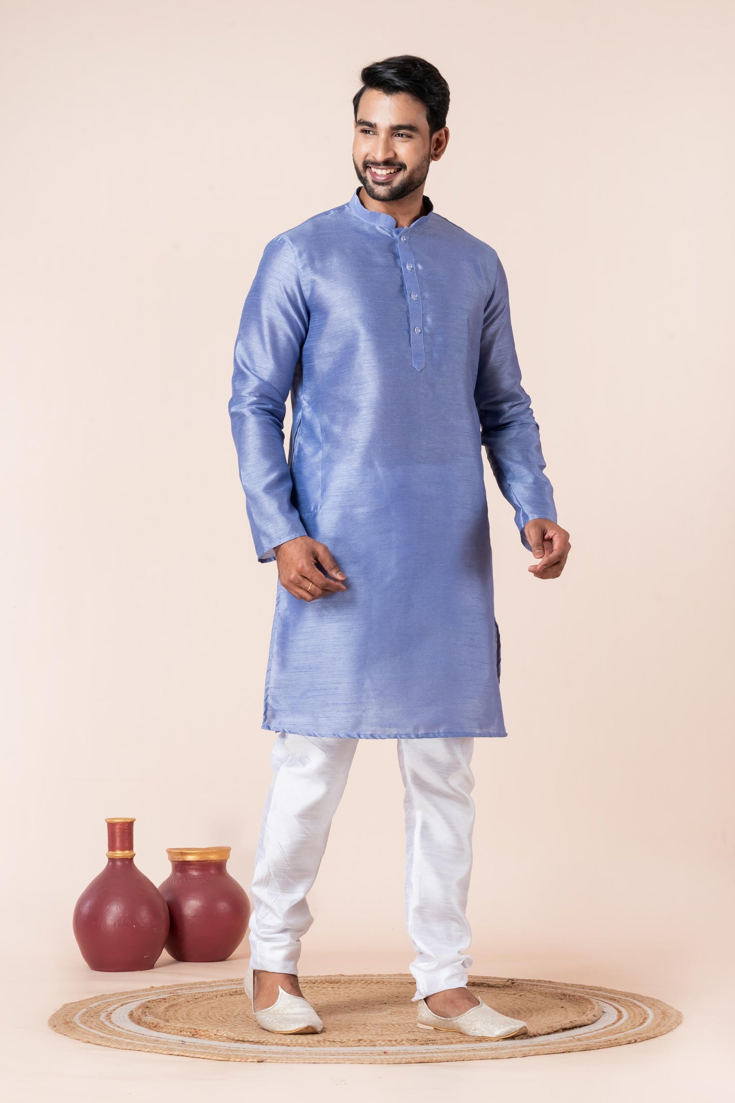 Zavaya Men Sky Blue Solid Banarasi Silk Kurta