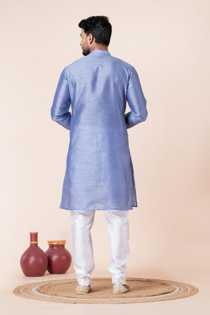 Zavaya Men Sky Blue Solid Banarasi Silk Kurta
