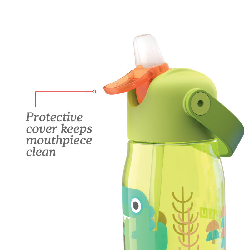 Green Kids Flip Straw Bottle with Straw & Carrying Cord | 415ml