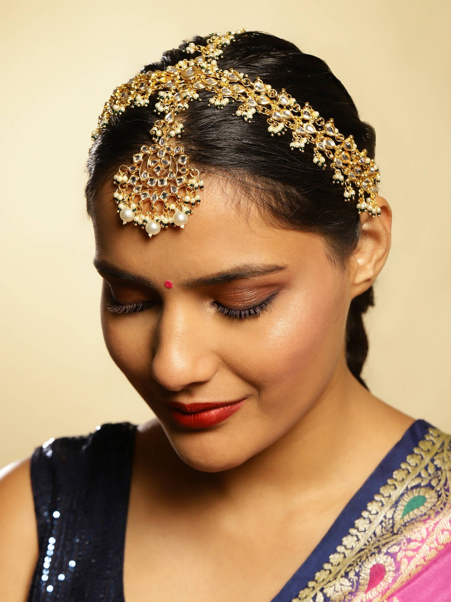 Gold-Polished White Green Kundan-Studded Pearl Beaded Matha Patti - Ruby Raang