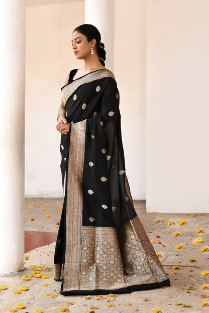 Joban Fashion Black Pure Katan Pure Handloom Banarasi Silk Saree