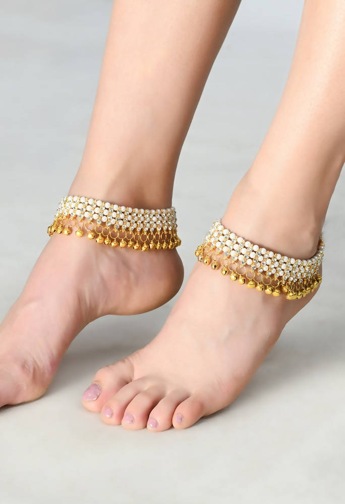 Mominos Fashion Kamal Johar Gold-Polished Pearls Anklets