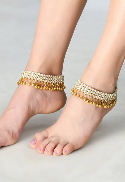 Mominos Fashion Kamal Johar Gold-Polished Pearls Anklets