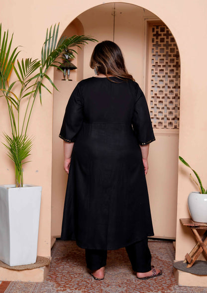 Miravan Womens Plus Size Black Mirror work Angrakha Kurta and Palazzo Set