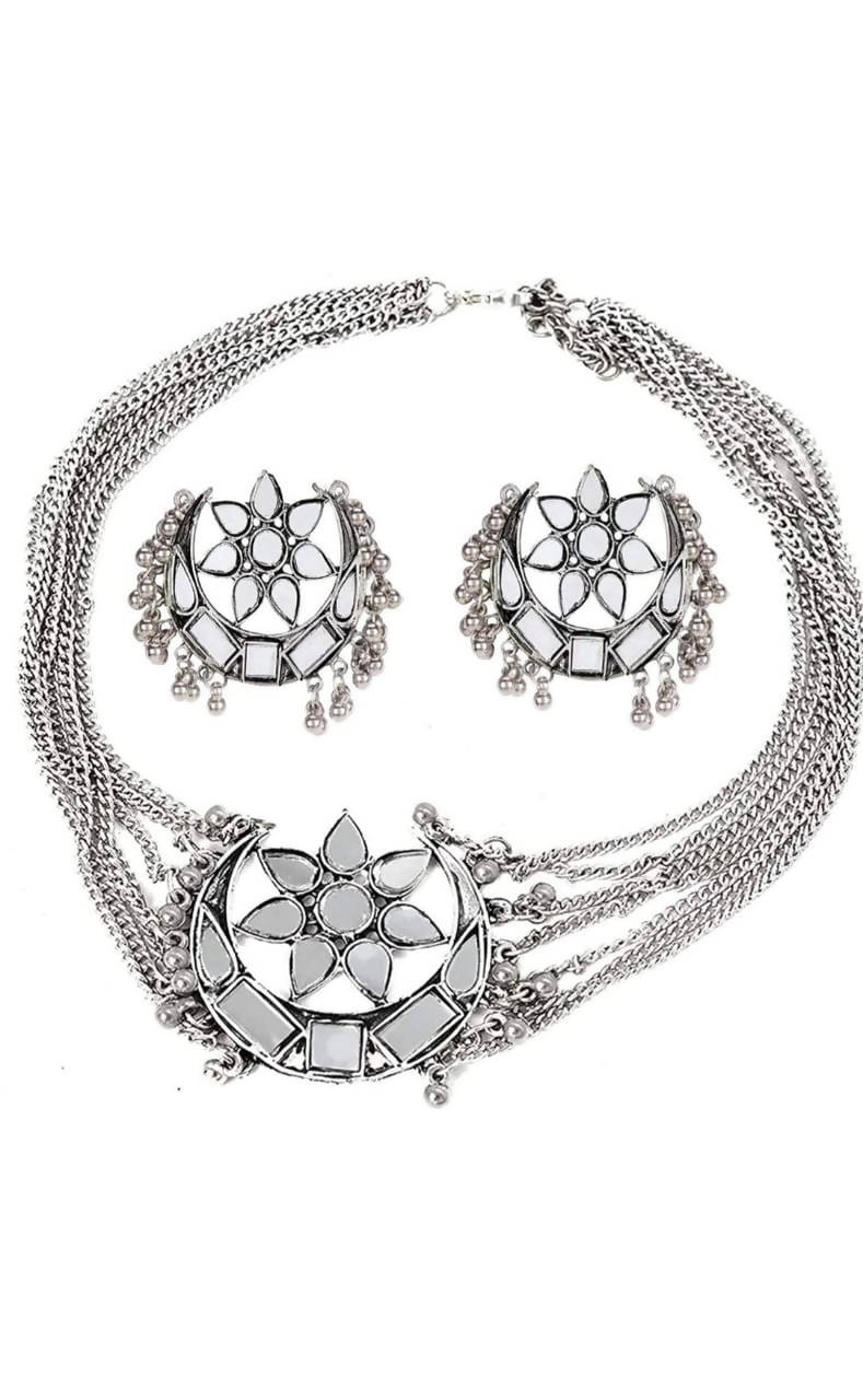 Mominos Fashion Silver color Necklace with Mirror work Mangalsutra