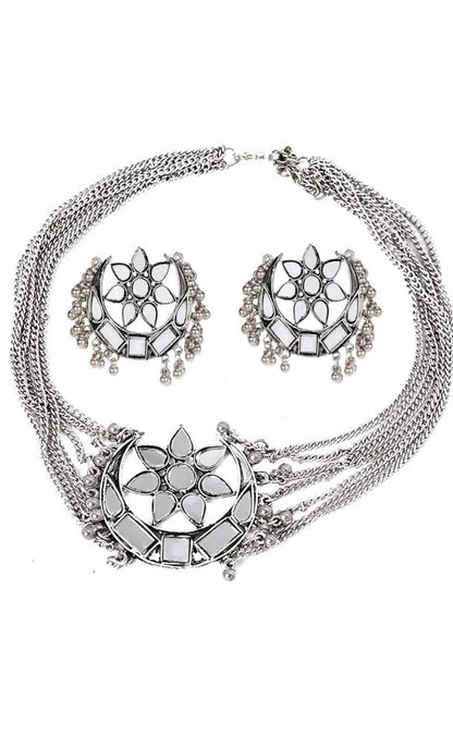 Mominos Fashion Silver color Necklace with Mirror work Mangalsutra