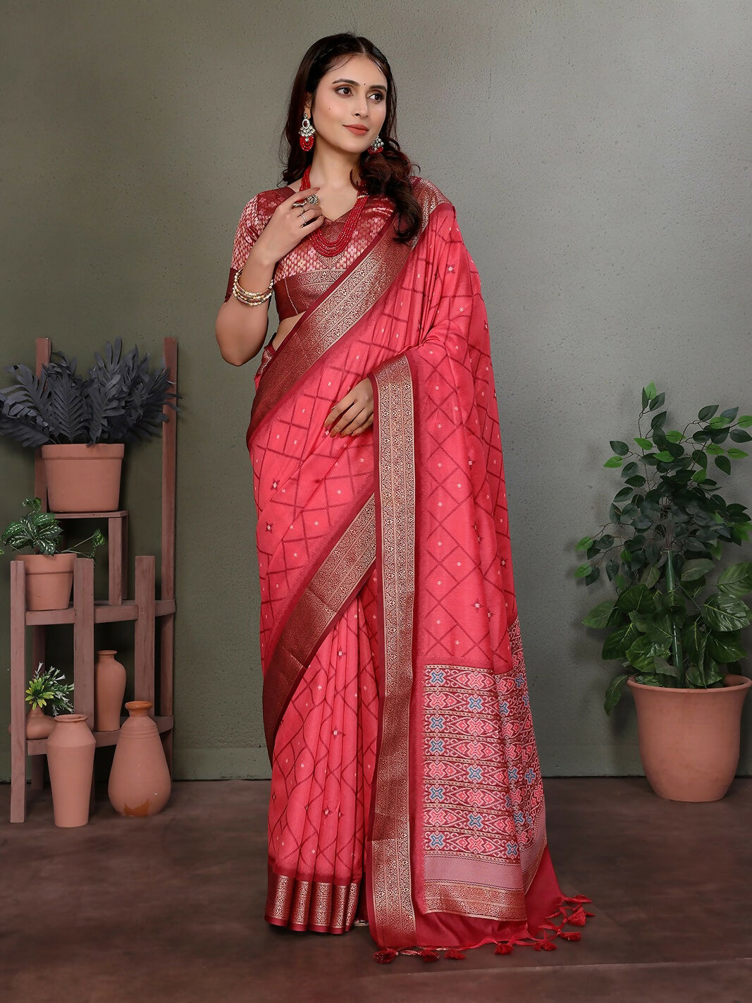Joban Fashion Carrot Red Woven Design Banarasi Silk Sarees