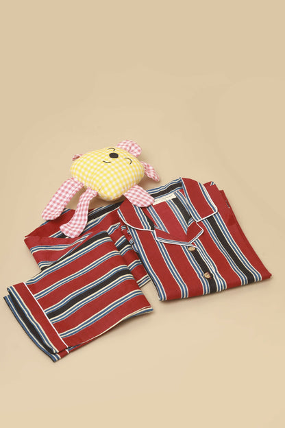 Breathables Kids Cotton Night Suit – Red Stripes Shirt & Pyjama Co-Ord Set For Boys & Girls