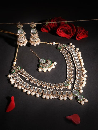 Jewel City Gold-Plated Kundan Bridal Necklace Set with Pearls & Green Stones Traditional Indian Jewelry for Weddings & Festive Wear