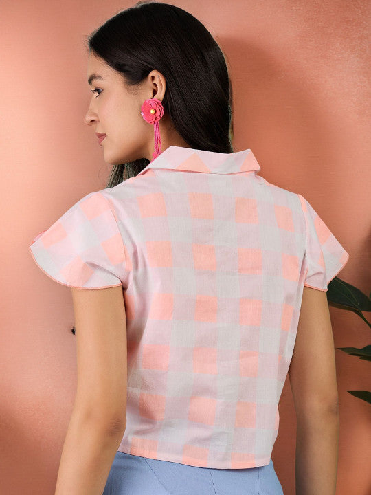 Sangria Checked Pure Cotton Shirt Style Collar Boxy Top