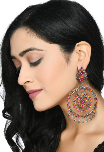 Mominos Fashion Johar Kamal Women's Pink & Orange Kundan Circles Earrings