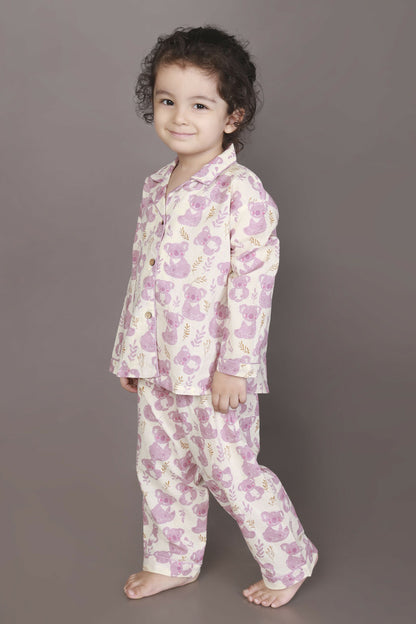 Breathables Kids Cotton Night Suit – White & Pink Teddy Shirt & Pyjama Co-Ord Set For Boys & Girls