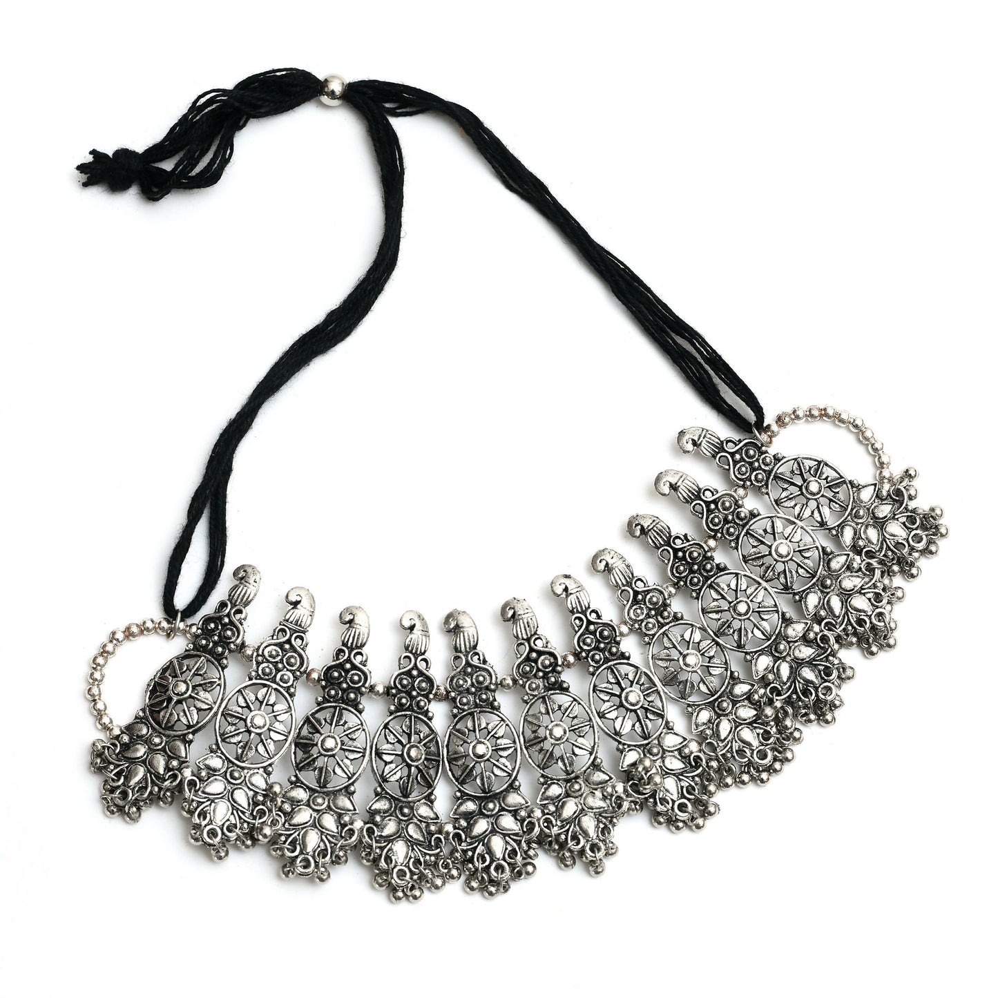 Mominos Fashion Johar Kamal Oxidised Silver-Plated Brass Finish Temple Jewellery with Earrings For Women
