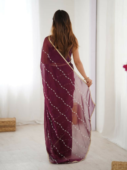 Wine Sitara Chiffon Designer Beads Moti,Val Sequence Work Saree - Noorie