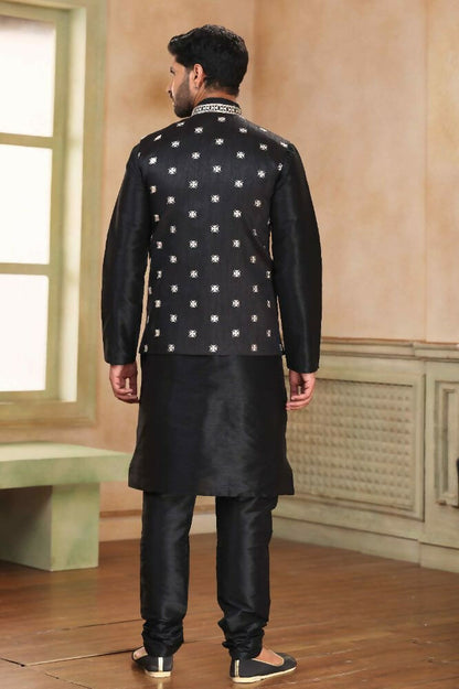 Raivat Ethnic Jacquard Banarasi Silk Woven Work 3 Pics Jacket Set In Black Colour