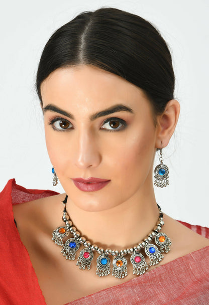 Mominos Fashion Johar Kamal Women Oxidised Silver-Plated Brass Finish Kundan Choker (Multi)