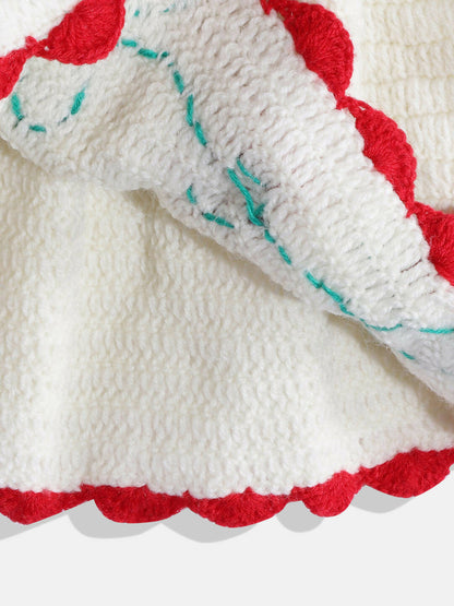 Chutput Kids Woollen Hand Knitted Full Sleeves Rosette Work Dress For Baby Girls - White